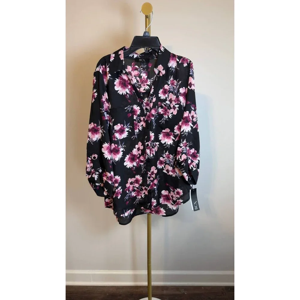 BCX Portofino Woven Top Black Floral Roll‑Tab Sleeves L NWT $79 - Picture 4 of 7